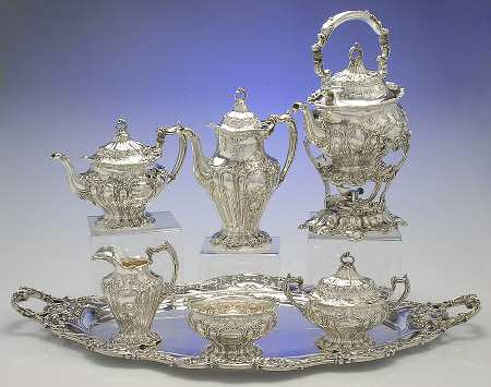 Chantilly-Grand (Sterling Hollowware) 7 Piece Tea Set (CP1, TP1, CR1, SU1, WB1, KES1, WT25M1)