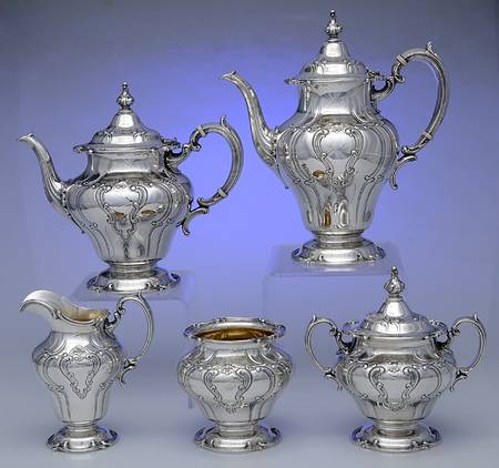 Chantilly-Duchess (Sterling Hollowware) 5 Piece Tea Set (SCP, STP, SCR, SSU, SWB) by Gorham Silver