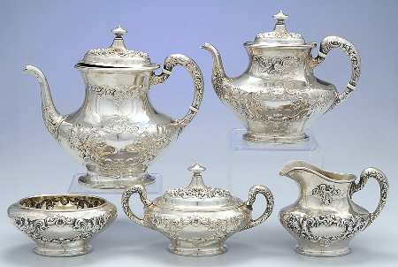 Buttercup-Large (Sterling, Hollowware) 5 Piece Tea Set (CPL, STPL, SCR, SSU, SWB)