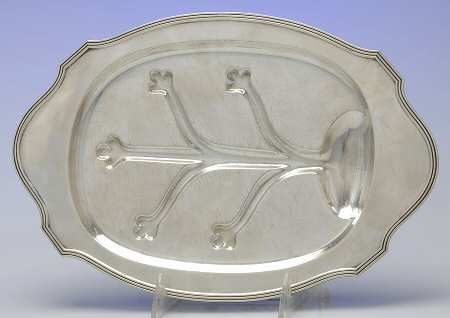 Plymouth-Large (Sterling, Hollowware) 12" 4 Toed Meat Platter with Well