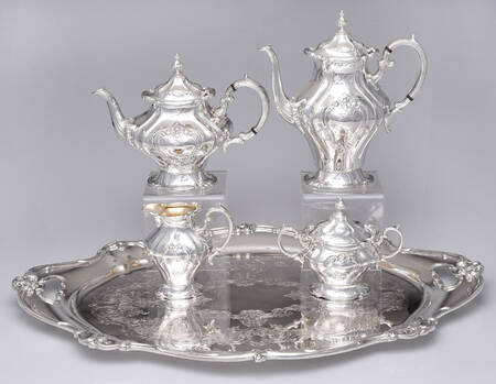 Chantilly (Silverplate, Hollowware, Older) 5-Piece Silverplate Tea Set (with Tray)