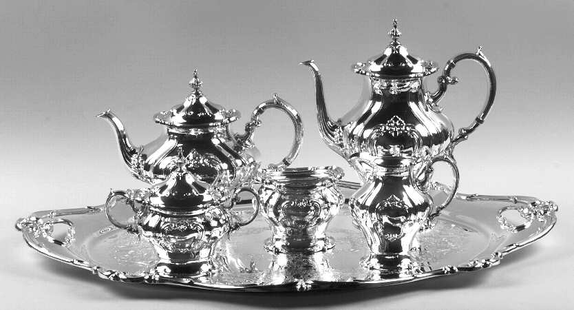 Chantilly (Silverplate, Hollowware, Older) 6-Piece Plated Tea Set (Waste & Tray)