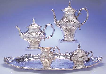Chantilly (Silverplate, Hollowware, Older) 5-Piece Silverplate Tea Set (with Tray)