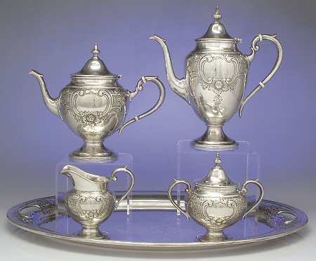 Puritan-Chased (Sterling Hollowware) 5 Piece Tea Set (SCP, STP, SCR, SSU,WT22C)