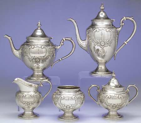 Puritan-Chased (Sterling Hollowware) 5 Piece Tea Set (SCP, STP, SCR, SSU, SWB)