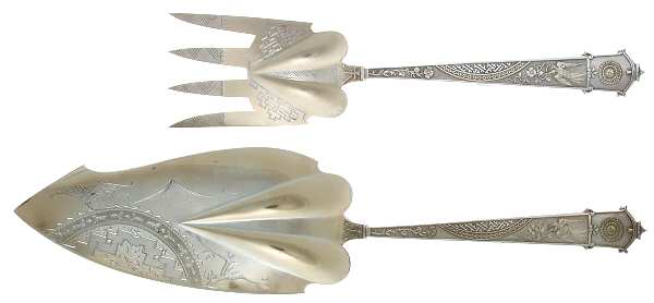 Japanese (Sterling, 1871) Large Solid, Bright Cut Fish Serving Set