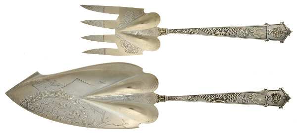 Japanese (Sterling, 1871) Large Solid Bright Cut Fish Serving Set