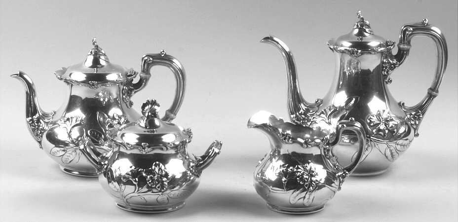 Ivu (Sterling, 1909, Hollowware Only) 4 Piece Tea Set (SCP, STP, SCR, SSU)