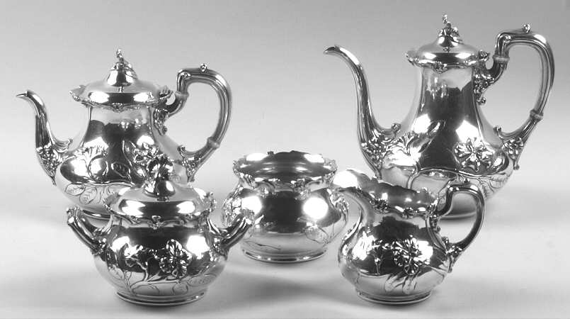 Ivu (Sterling, 1909, Hollowware Only) 5 Piece Tea Set (SCP, STP, SCR, SSU, SWB)
