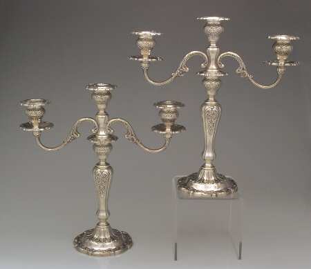 Louis XV (Sterling, Hollowware, Newer, Scroll Edge) Pair of Weighted 3 Light Candelabra