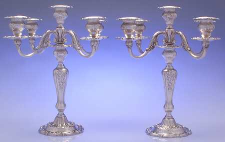Louis XV (Sterling, Hollowware, Newer, Scroll Edge) Pair of Weighted 5 Light Candelabra