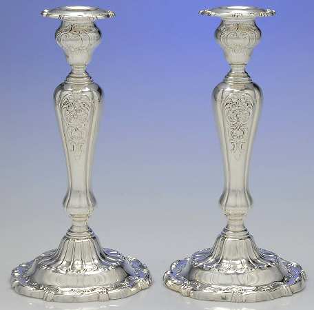 Louis XV (Sterling, Hollowware, Newer, Scroll Edge) Pair of Weighted Candlesticks