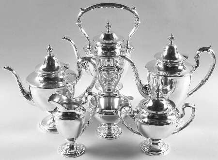 Dolly Madison (Sterling, Hollowware) 6 Piece Tea Set (SCP, STP, SCR, SSU, SWB, SKES)