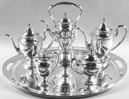 Dolly Madison (Sterling, Hollowware) 7 Piece Tea Set (SCP, STP, SCR, SSU, SWB, SKES & WTL)