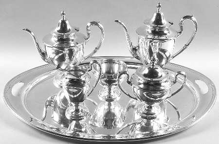 Dolly Madison (Sterling, Hollowware) 6 Piece Tea Set (SCP, STP, SCR, SSU, SWB, WTL)