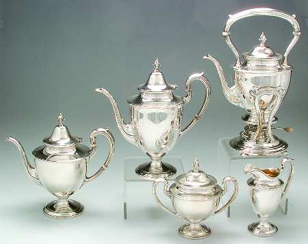 Dolly Madison (Sterling, Hollowware) 5 Piece Tea Set (SCP, STP, SCR, SSU, SKES)