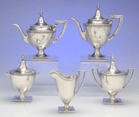 Etruscan (Sterling, Hollowware) 5 Piece Tea Set (SCP, STP, SCR, SSU, SWB)