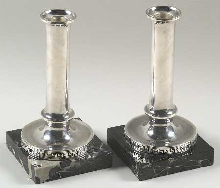 Etruscan (Sterling, Hollowware) Pair of Candlesticks with Marble Base