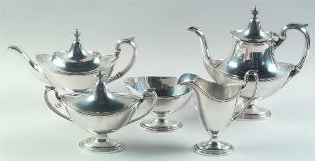 Portsmouth (Sterling, Hollowware) 5 Piece Tea Set (SCP, STP, SCR, SSU, SWB)