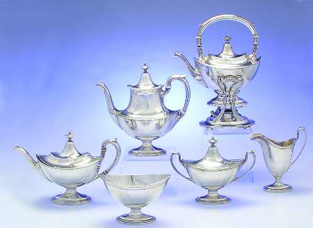 Portsmouth (Sterling, Hollowware) 6 Piece Tea Set (SCP, STP, SCR, SSU, SWB, SKES)