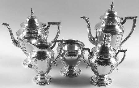 Princess Patricia (Sterling, Hollowware) 5 Piece Tea Set (SCP, STP, SCR, SSU, SWB)