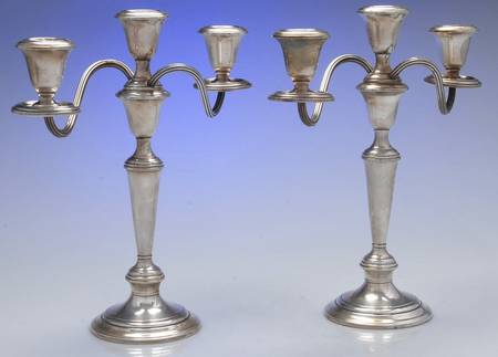 Puritan (Sterling, Hollowware) Pair of Weighted 3 Light Candelabra