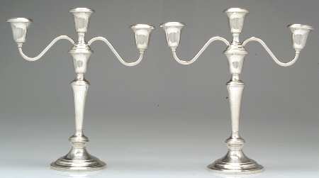 Puritan (Sterling, Hollowware) Pair of Weighted 3 Light Candelabra