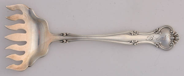 Cromwell (Sterling, 1900, Monograms) Large Solid Tined Sardine Serving Fork