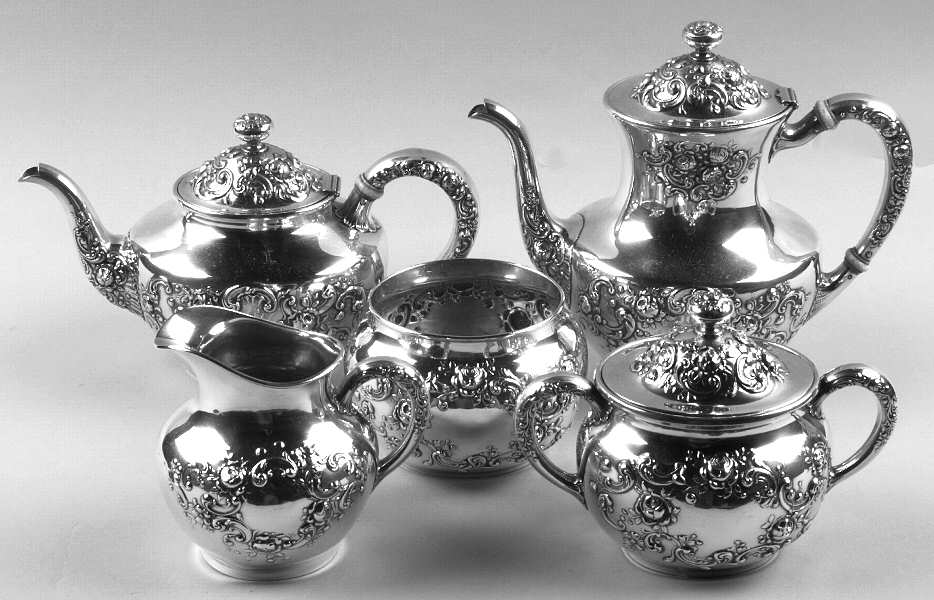 Fleury (Sterling, 1909, Hollowware) 5 Piece Tea Set (SCP, STP, SCR, SSU, SWB)
