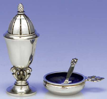 Acorn (Sterling, 1915) Sterling Open Salt, Spoon and Pepper Individual