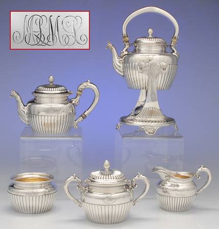 2590 (Sterling, Hollowware, Ribbed) 5 Piece Tea Set (TP1, CR1, SU1, WB1, KES1)