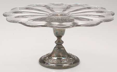 Rose Scroll (Silverplate, Hollowware) 11" Glass Cake Plate with Silverplate Base