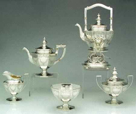 A5751-Engraved (Sterling, Hollowware) 5 Piece Tea Set (STP, SCR, SSU, SWB, SKES)