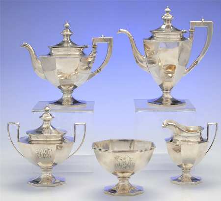 A5751-Engraved (Sterling, Hollowware) 5 Piece Tea Set (SCP, STP, SCR, SSU, SWB)