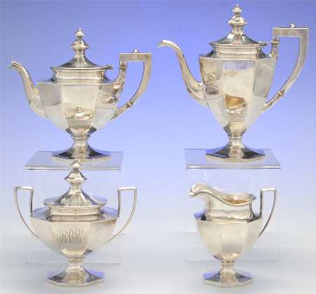 A5751-Engraved (Sterling, Hollowware) 4 Piece Tea Set (SCP, STP, SCR, SSU)