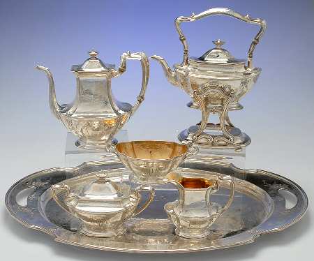 Pattern A (Sterling, Hollowware) 6-Piece Coffee Set (Waste, Kettle & Tray)