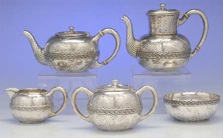 1840 (Sterling, Hollowware) 5 Piece Tea Set (SCP, STP, SCR, SSU, SWB)