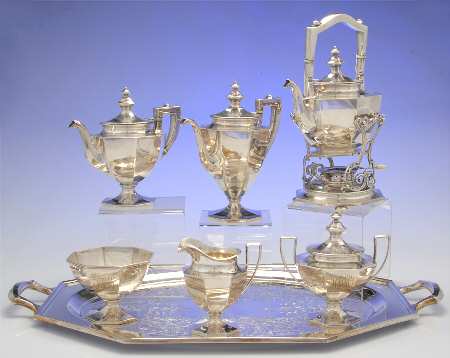 A5751-Plain (Sterling, Hollowware) 7-Piece Tea Set with Silverplate Comp Tray