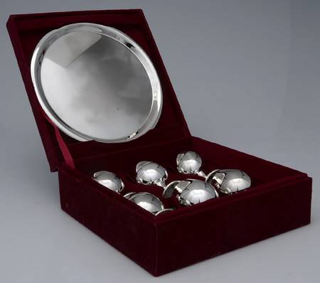 Silverplate Hollowware Cordial - Set of 6 & 7" Round Tray with Case Boxed