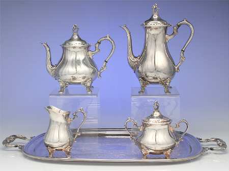 YC1551 (Silverplate, Hollowware) 5pc Tea Set Silverplate with 20' Waiter Tray