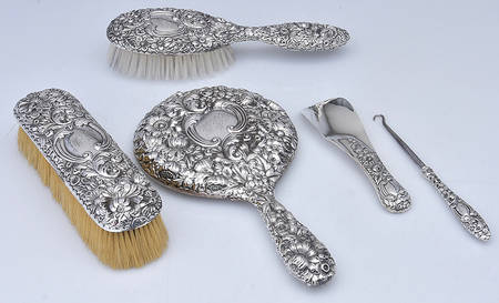 Repousse Chased (Sterilng, Hollowware) (5pc) Dresser Set(SHHM1,MIRM2,CLBM2,SHBM2 & BUHM1)
