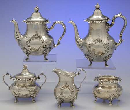 Strasbourg-Hand Chased (Strl, Hlwr, Older) 5 Piece Tea Set (SCP, STP, SCR, SSU, SWB)