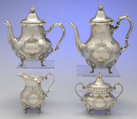 Strasbourg-Hand Chased (Strl, Hlwr, Older) 4 Piece Tea Set (SCP, STP, SCR, SSU)