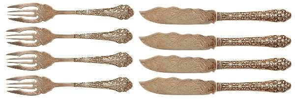Medici-Old (Sterling, 1880, Monograms) (8 Pc) Individual Fish Set (4 FFSILB+4 FKHISB)