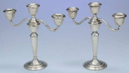 1806 (Sterling, Hollowware) Pair of 8" Weighted 3 Light Candelabras