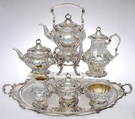 A3061 (Sterling, Hollowware) 7 Piece Tea Set (SCP, STP, SCR, SSU, SWB, SKES & WTL)