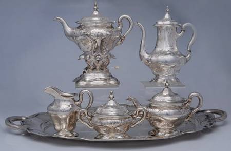 Martele (Sterling, Hollowware) 6 Piece Tea Set (SCP, STP, SCR, SSU, SKES, WTL)