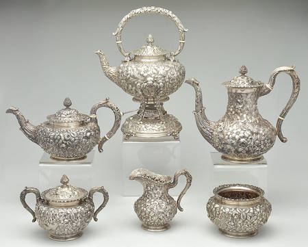 Repousse (Hollowware, Sterling) 6 Piece Tea Set (SCP, STP, SCR, SSU, SWB, SKES)