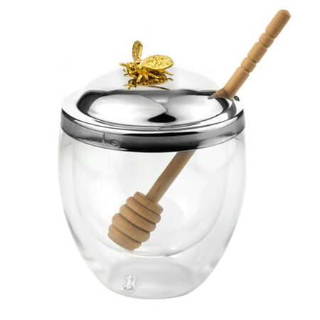 Judaica (Hollowware, Stainless) Glass Honey Jar with Metal Lid & Dipper
