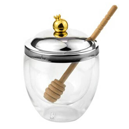 Judaica (Hollowware, Stainless) Glass Honey Jar with Metal Lid & Dipper